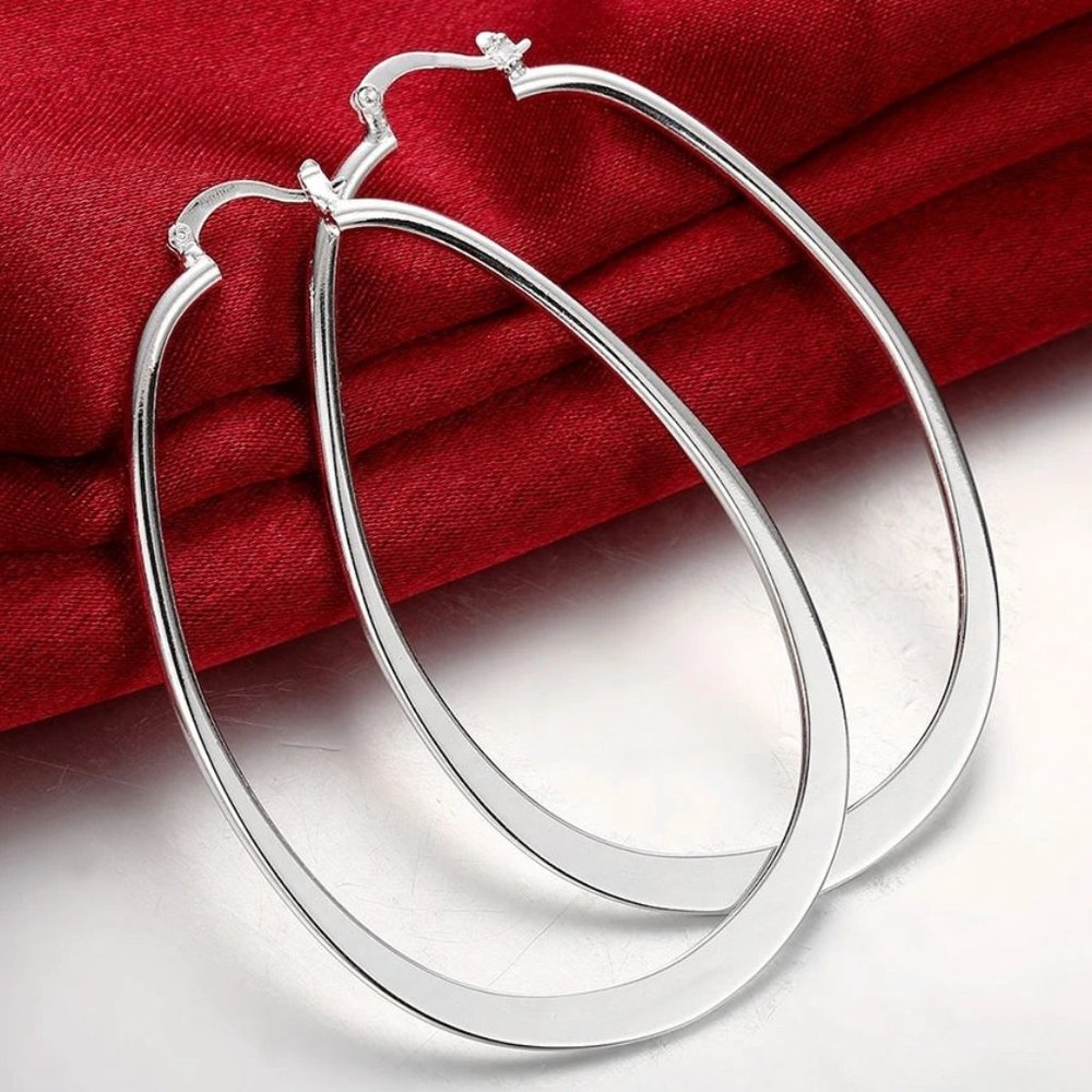 Stunning .925 Sterling Silver Large 2.7 Inches Oval Hoop Earrings Hypoallergenic - Picture 1 of 6